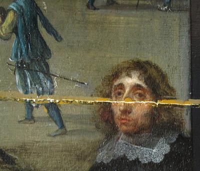 Reiniging van de verflaag, detail van de ogen van Willem van Haecht, De kunstkamer van Cornelis van der Geest