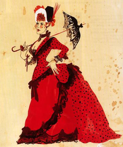 Kostuumontwerp in aquarel van Andreï lvaneanu voor het toneelstuk "Een vrouw aan mijn been" van G. Feydeau; 1985 