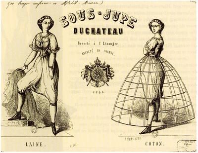 Reclameprent voor crinoline en pantalette van  "sous-jupe Duchateau", 1850, Mode