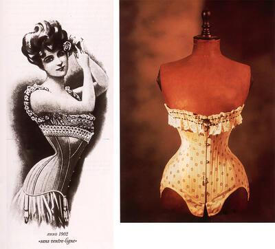 "Sans ventre-ligne" 1902  Archieven Triumph , Gezondheidskorset met lange busk en vetersluiting eeuwwisseling, mode
