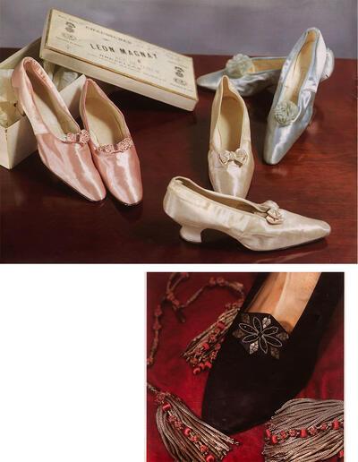 Pastelkleurige satijnen schoenen, ca 1900, Zwart ribsatijnen schoen  met gesp,1910, mode