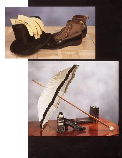 Herenlaarzen met slobkous­effect, buishoed en handschoenen, Eeuwwisseling , Parasol en zwarte schoenen met bobijnhak,  Eerste kwart 20ste eeuw, mode