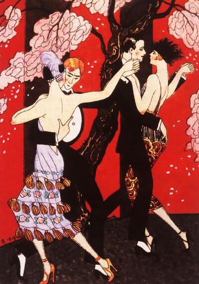 Tangojurken in lichte stoffen met blote rug, tekening van G. Barbier voor "Guirlande des Mois" 1919, mode