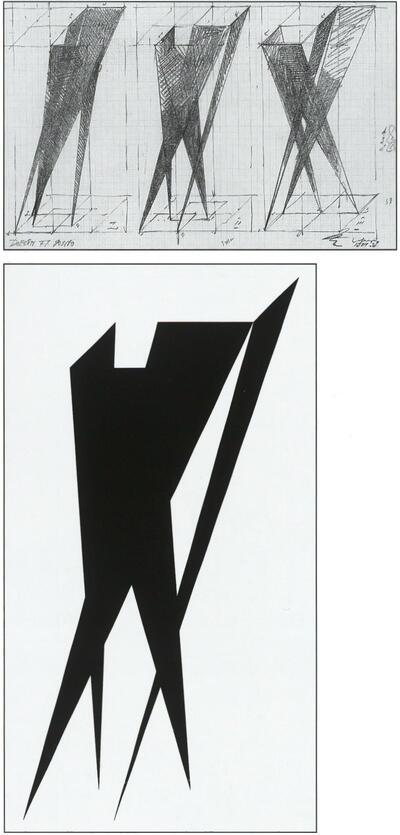 Albert Rubens, Compositie B.XV-p137, tekening (boven) en Compositie B.XV-p137, Part II, acryl op doek, 1993 (onder)