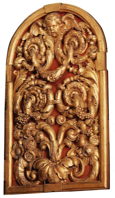 Epitaaf ter nagedachtenis van de familie de Vendeville, 1676, marmer, hout en ijzer, 127x340 cm. Mechelen, kerk van Sint-Jan de Doper en Sint-Jan de Evangelist.  Lucas Faydherbe