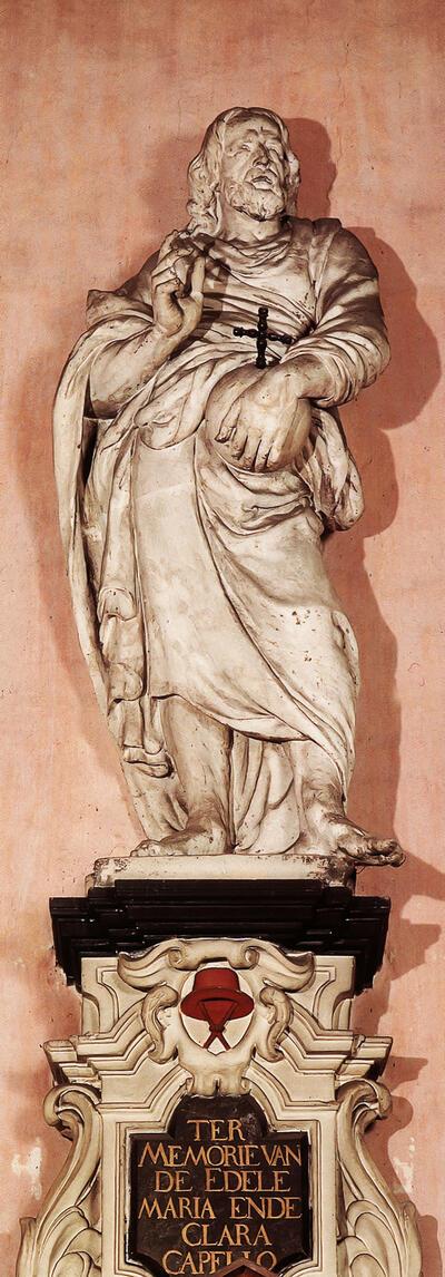 Christus als Salvator Mundi, 1651, zandsteen, hoogte ca. 250 cm. Mechelen, Begijnhofkerk van de H. Alexius en H. Catharina. Lucas Faydherbe