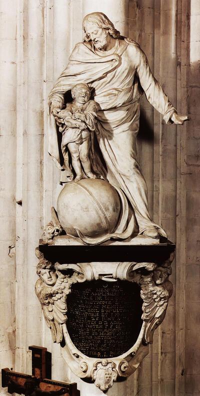 Sint-Jozef met het Kind Jezus op de wereldbol, ca. 1652-1655, zandsteen, hoogte ca. 200 cm. Mechelen, Sint-Romboutskathedraal. Lucas Faydherbe