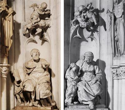 De Heilige Joachim en de engel (links), 1640-1641, zandsteen, hoogte 125 cm. De Heilige Anna leert Maria lezen (rechts), 1640-1641, zandsteen, hoogte 125 cm. Mechelen, Sint-Romboutskathedraal. Lucas Faydherbe