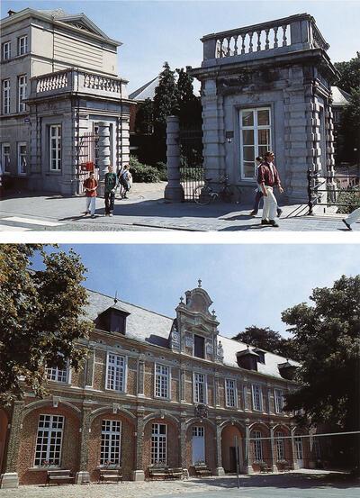  Restanten van het voormalige poortgebouw, ca. 1664/1836, arduin. Stalgebouw (onderaan], ca. 1677 (?), bak- en zandsteen. Mechelen, Bruul. Lucas Faydherbe