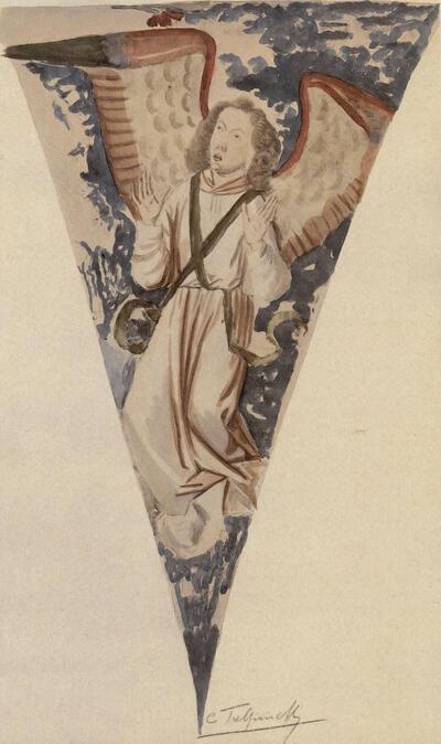 Camille Tulpinck, Gewelfschildering in de Sint-Pieterskerk te Leuven met 15de-eeuwse engelenfiguren. Muurschildering