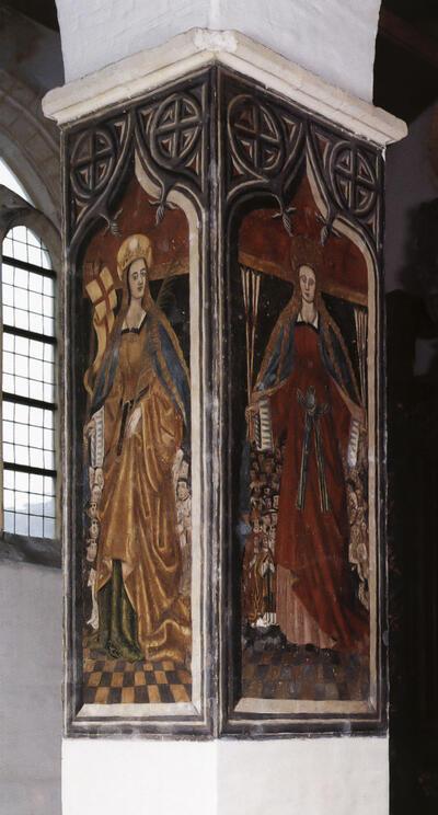 De Heilige Ursula met pijlen in de hand en beschermelingen onder haar schutsmantel Derde kwart 1 6de eeuw Sint-Truiden, begijn hofkerk. muurschildering