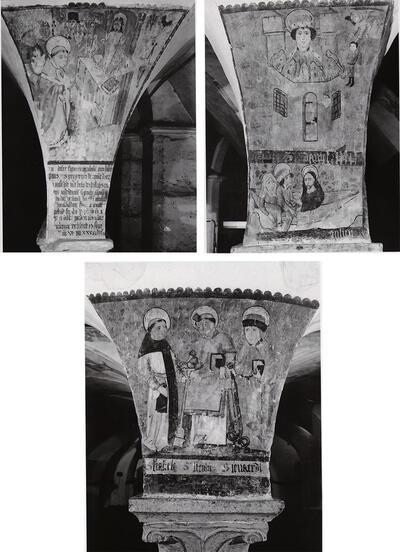  De Gregoriusmis, Daniël in de leeuwenkuil en de Heilige Julianus en zijn vrouw, die Christus over de rivier brengen, De Heiligen Fiakele, Stefanus en Leonardus, muurschilderingen