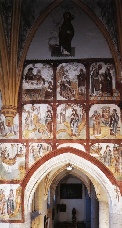 Taferelen uit het leven van de Heilige Genoveva, 1509. Zepperen, Sint-Genovevakerk, zuidertransept. muurschildering